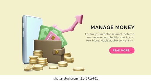 3D money management banner. Realistic mobile phone wallet with paper currency gold coins and arrow up. Mobile app online finance manage. Investment and business success. Vector illustration