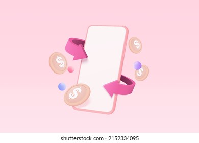 3D money payment transfer money system online payment concept, Bundles cash and floating 3d money coins exchange with mobile phone banking. 3d smartphone and cashless with vector render illustration