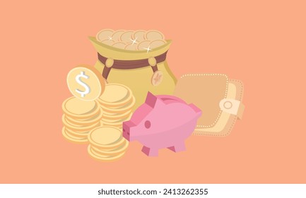 3D-Sparkonzept. Geldbeutel, Münzstapel und Sparschwein.3d Ziel für Geschäfts-, Bank-, Finanz-, Investitions- und Geldillustrationen.