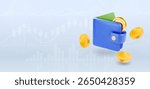 3D Money Saving icon concept Copy space. Finance Wallet, Golden coins floating around blue wallet. Cashback balance. Payment icon. 3d vector illustration
