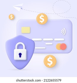 3D Money Saving icon concept. Online payment protection system with credit card. Secure bank transaction. Cartoon style credit card. Credit card shield with lock. Secure payment, payment protection