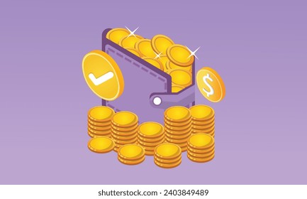 3D Money Saving icon concept. Online payment, Wallet, coins stack.3d handmade.3d goal for business, bank, finance, investment, money illustration.