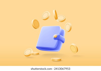 3D Money Saving icon concept. Finance Wallet, Golden coins floating around wallet on isolate yellow background, 3d vector illustration