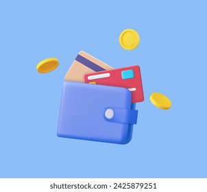 3D Money Saving icon concept. Online payment, Wallet, coins and credit card on background, 3d rendering. Vector illustration