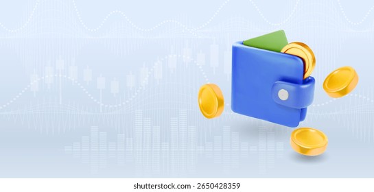 Concepto de icono de ahorro de dinero 3D Copiar espacio. Cartera de finanzas, monedas de oro flotando alrededor de la cartera azul. Saldo de devolución. Icono de pago. Ilustración vectorial 3D