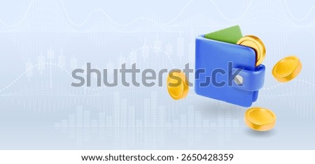 3D Money Saving icon concept Copy space. Finance Wallet, Golden coins floating around blue wallet. Cashback balance. Payment icon. 3d vector illustration