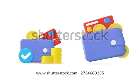 3D Money Saving icon concept. Online payment, Wallet, coins stack, and credit card on pink background, 3d rendering. Vector illustration