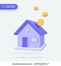 3D money saving to loan house, property concept of financial, money saving investment. 3d coins and a tiny house bank on background