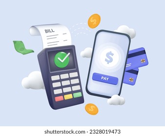 Transferencia de dinero 3D. Pago móvil, seguridad financiera para compras en línea. Envío de dinero en línea, pago móvil, pago de finanzas de negocios, transacción en línea. Ilustración vectorial 3D de pagos NFC