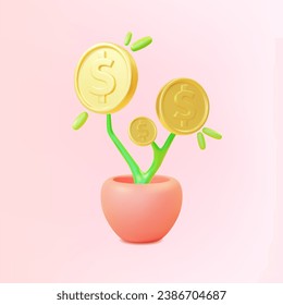 3d Money Tree with Golden Coins Concept Cartoon Style Symbol of Finance. Vector illustration of Plant with Coin Dollar.