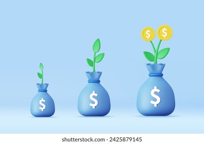 3d Money tree plant with bag money. business profit investment, finance education, savings concept. 3d rendering. Vector illustration