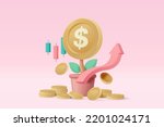 3d money tree plant with coin dollar. Business profit investment, finance education, earning income, business growth 3d icon concept. 3d money trade vector icon for business saving render illustration