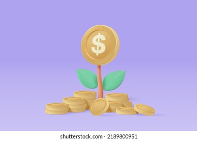 3d money tree plant with coin dollar. Business profit investment, finance education, earning income, business development concept. 3d money saving vector icon for banking render illustration