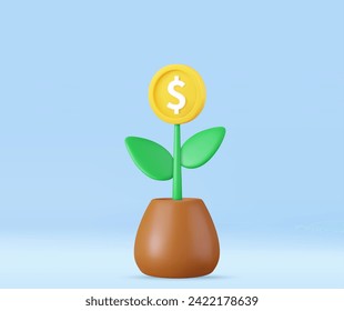 3d money tree plant with coin in pot. Saving money concept. Business profit investment, finance education, earning income, business development concept. 3d rendering. Vector illustration