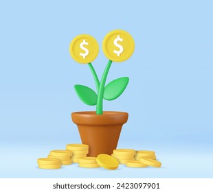 3d money tree plant with coin in pot. Saving money concept. Business profit investment, finance education, earning income, business development concept. 3d rendering. Vector illustration