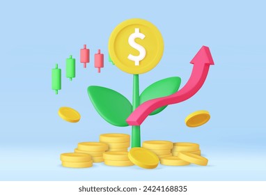 3D-Geldbaumpflanze mit Münze. Sparen des Geldkonzepts. Unternehmensinvestitionen, Finanzausbildung, Einkommen, Unternehmensentwicklung. 3D-Darstellung. Vektorgrafik