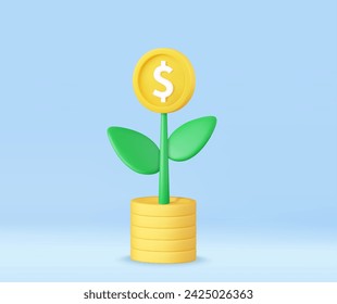 3d money tree plant with coin. Saving money concept. Business profit investment, finance education, earning income, business development concept. 3d rendering. Vector illustration