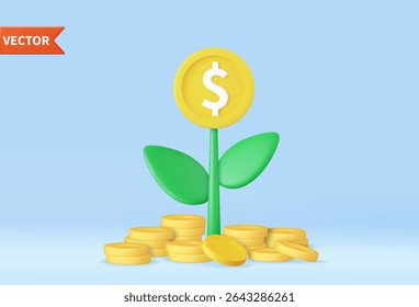 Planta de árvore de dinheiro 3d com moeda. Conceito de economia. Investimento de lucro empresarial, educação financeira, renda, conceito de desenvolvimento de negócios. renderização 3d. Ilustração vetorial