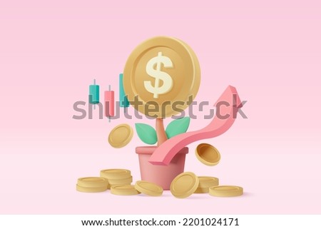 3d money tree plant with coin dollar. Business profit investment, finance education, earning income, business growth 3d icon concept. 3d money trade vector icon for business saving render illustration