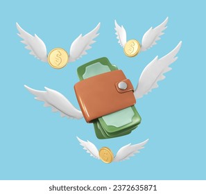 3D money wallet and coins with wings. Concept of business, online shop, finance, banking. Lost money. Money-saving concept. Vector 3d illustration
