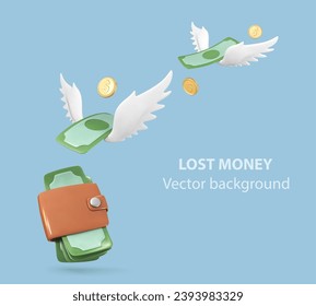 3D money wallet, dollar bills with white wings and gold coins on blue background. Flying money. Lost money or expenses concept. Vector illustration