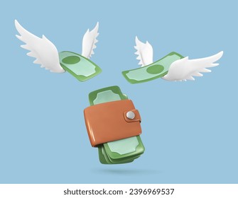 3D money wallet and dollar bills with white wings on blue background. Flying money. Lost money or expenses concept. Vector illustration