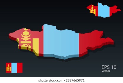 3D Mongolia Islands map and flag . 3D shape design . Independence day concept . Perspective view . Vector