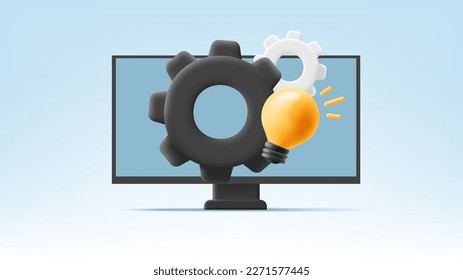 3d monitor, gears and light bulb. The concept of solving a software problem using programming. The idea of a new technical solution.