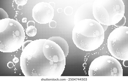 3d monochrome background with grain balls. Black noise dots soap bubbles. Halftone dotted spheres vector banner