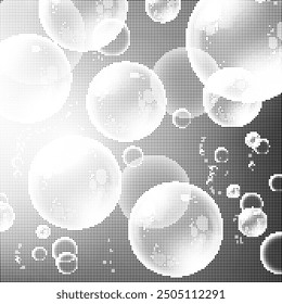 3D monochromer Hintergrund mit Kornbällen. Schwarzes Rauschen punktet Seifenblasen. Rasterpunktierte Kugeln, Vektorbanner