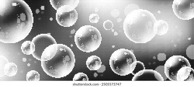 3d monochrome background with grain balls. Black noise dots soap bubbles. Halftone dotted spheres vector banner