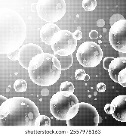 3d monochrome background with grain balls. Black noise dots soap bubbles. Halftone dotted spheres vector banner