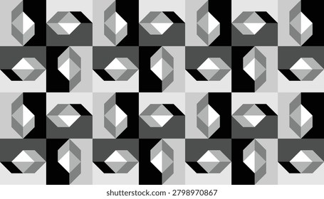 3D monochrome geometric seamless pattern with abstract crystal shapes. Grayscale vector background with repetitive interlocking hexagon and diamond elements.