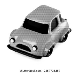 3d monochrome halftone toy car vector illustration. Black dotted pop art style isometric automobile design element on white background