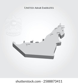 3D Monochrome Isometric Map of United Arab Emirates with Cities Labeled