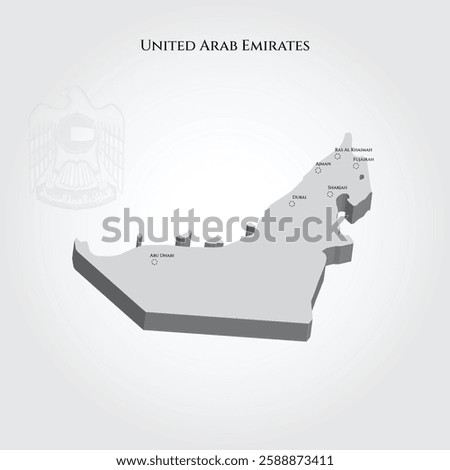 3D Monochrome Isometric Map of United Arab Emirates with Cities Labeled