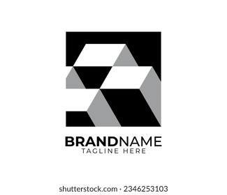 3d monochrome shape geometric blocks inside black square box with light shade and depth 