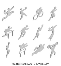 3D monochrome silhouettes of athletes in various sports with ball and equipment. Vector set of volumetric icons in isometry