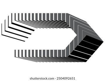 Flechas de Vector rayadas monocromáticas 3d en diferentes direcciones desde líneas sobre un fondo blanco con espacio para texto. Elemento de diseño moderno. Patrón deportivo en la carrocería del coche, juguete, navegación. Puntero. 