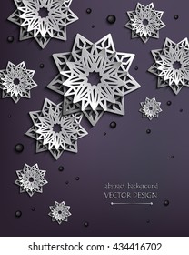 3d monochrome vector with stylized flowers made of metal or paper. Architectural motifs in oriental style. Winter festive background