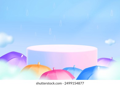 3d monsoon sale template. Color umbrella, podium in clouds in rainy sky background. Autumn concept season design element. Vector cartoon illustration