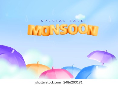3d monsoon sale template. Colorful umbrellas in clouds sky background. Autumn concept season design element. Vector cartoon illustration