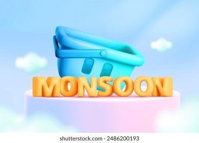 3d monsoon sale template. Shopping basket, podium in clouds and monsoon balloon text in sky background. Concept season sale. Vector cartoon illustration