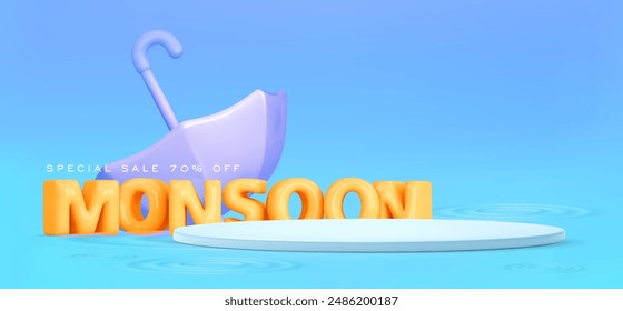 3d monsoon sale template. Umbrella, podium in water blue background. Autumn concept season design element. Vector cartoon illustration