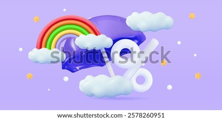 3d Monsoon sale template Umbrella, clouds, percent on blue background Autumn concept season design element