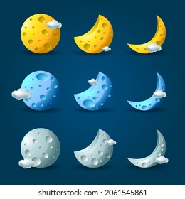 3d moon cartoon collection with cloud vector illustration