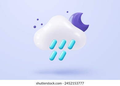 3D moon in cloud with rainy drop weather and storm. thunderbolt or flash of lightning on weather forecast. Glossy crescent with star. 3d cloud with rainy and storm vector icon render illustration