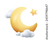 3D moon, crescent isolated icon. Realistic render of star and moon with clouds. Celestial vector elements. Concept sleep time, night, dream. 3D Vector childish illustration