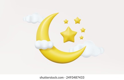 3D moon or crescent and stars with clouds isolated on pastel background. night sleep time dream, weather, minimal cartoon style, Eps 10 vector. 3d render illustration. elements