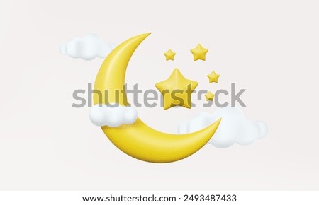 3D moon or crescent and stars with clouds isolated on pastel background. night sleep time dream, weather, minimal cartoon style, Eps 10 vector. 3d render illustration. elements